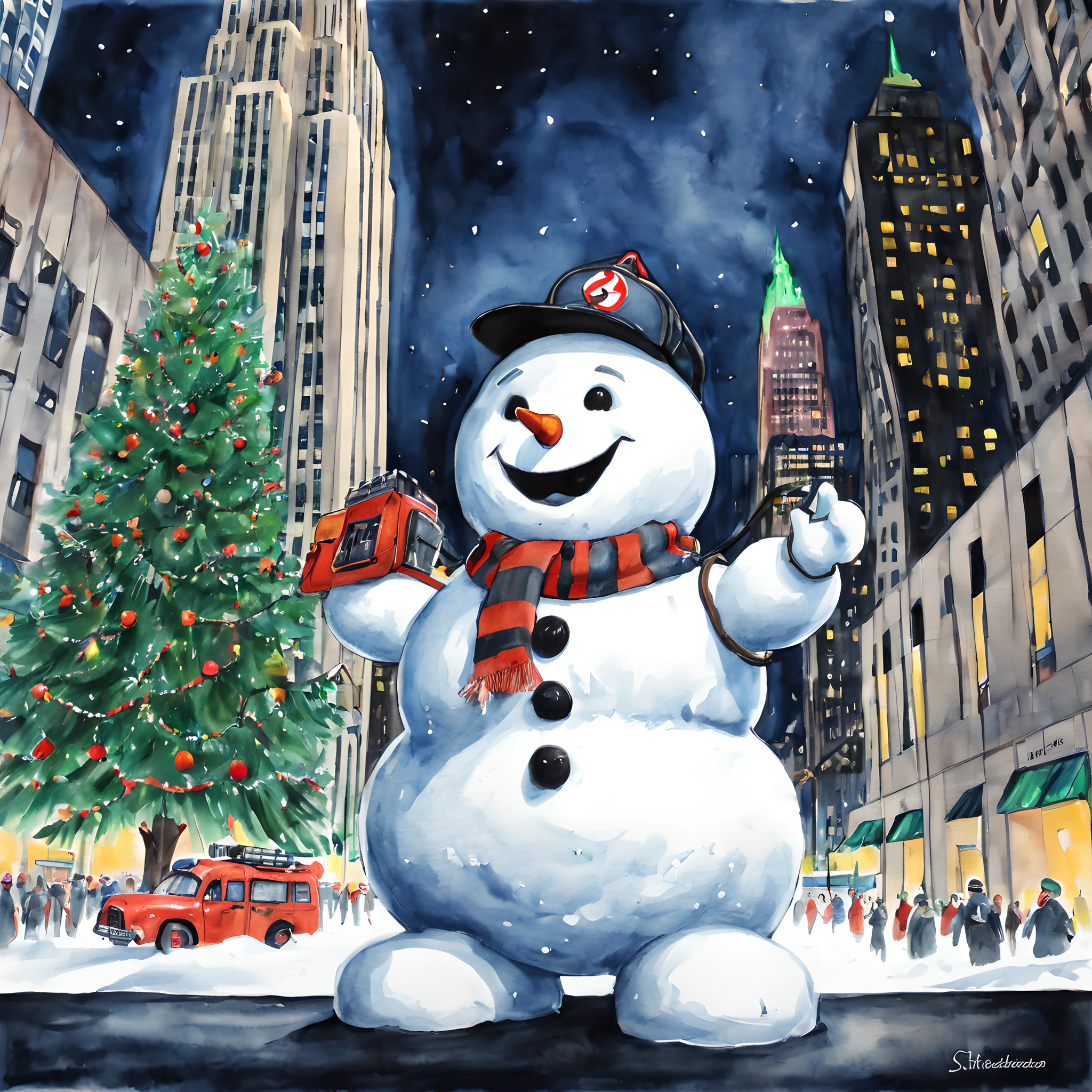 (snowman:1.5),(snowman theme:1.5),(dark horror theme:1.5),(thriller:1.5),(inspiration from Stephen King and ghost busters:1.5),(dark fantasy:1.5), (ink and watercolor painting:1.5), (full color:1.5), 8k, 4k, (snowman in front of rockefeller center:1.5),(Christmas:1.5),(absurderes:1.5),(fantastic:1.5),(best quality:1.5),(masterpiece:1.5),