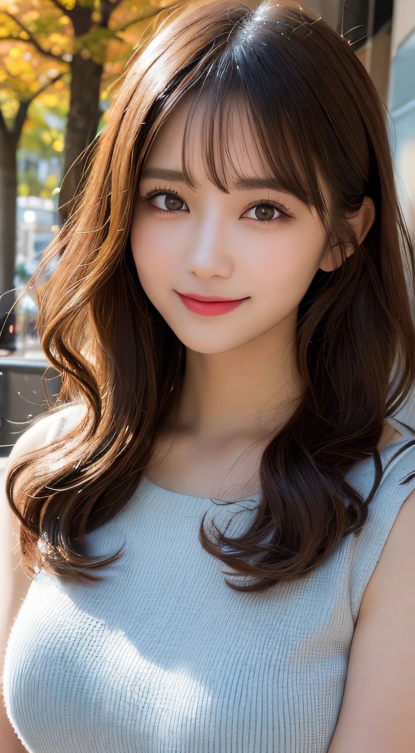 pureerosface_v1, top-quality, japanes、What to wear when you come to the camp、Photorealsitic, 8K, hight resolution, 1girl in, femele, (Skindentation), (portlate:0.6), a gorgeous, dynamicposes、 See who looks straight:1.8, (1 Girl's eyes looking at the viewer, medium lenght hair, brown haired, partedbangs:1.65), (Bokeh), a smile:1.2, (Keep your mouth shut:1.16),