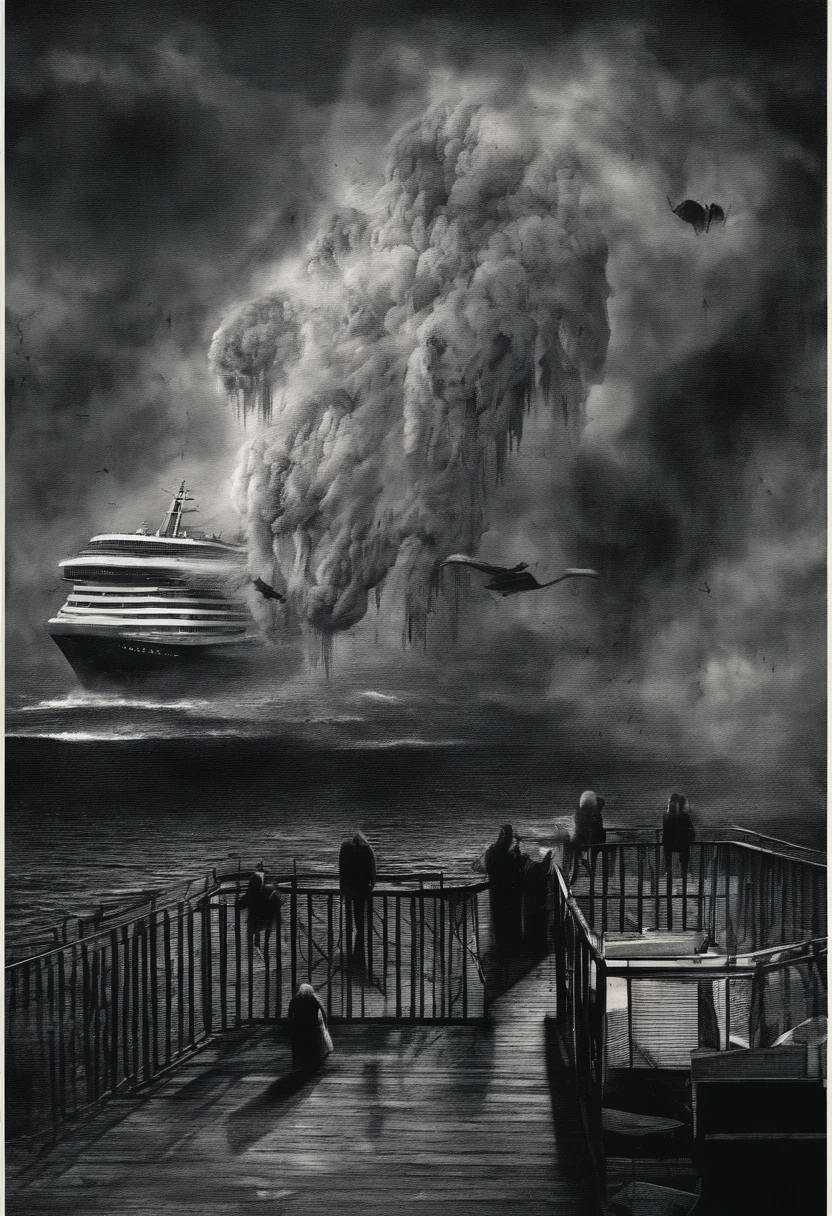 horror scene from a movie, giant tall scary ghost figures semi transparent apparitions floating and flying, smoke on the floor, in the cruise ship , busy crowd running away
