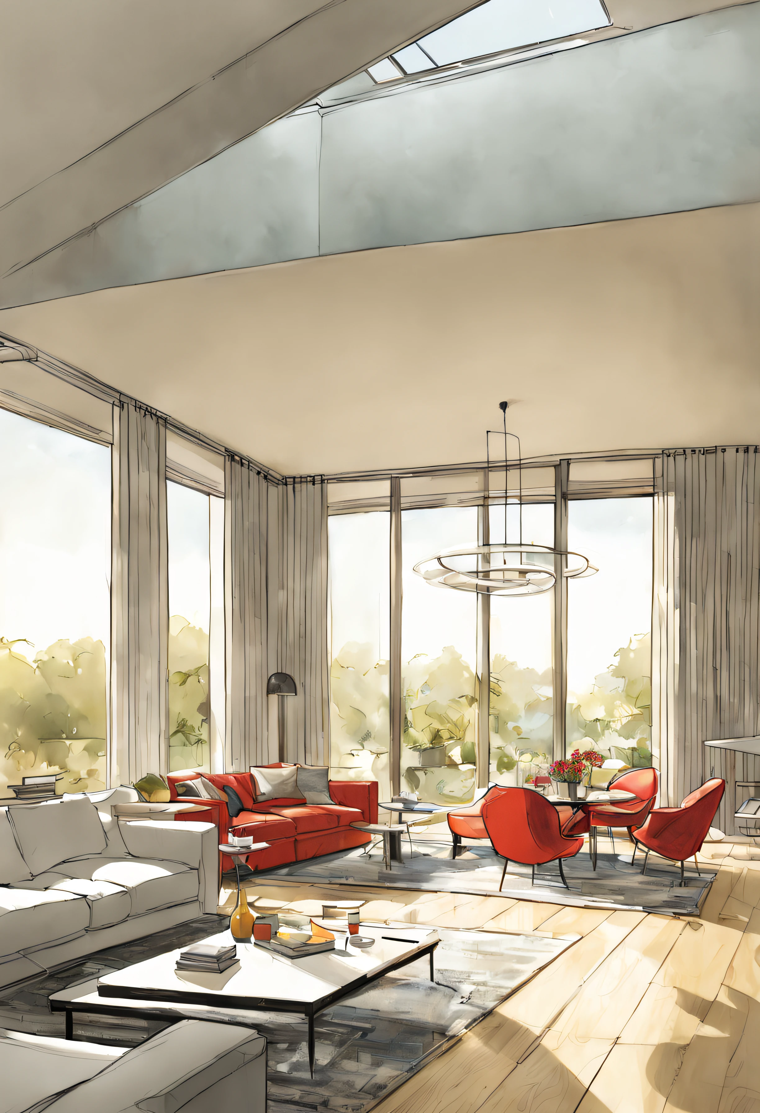 a sketch of a beautiful modern living room, (((foster and partners, artists impression, artistic impression, by Hamish MacDonald, by Carey Morris, by David Brewster, higher detailed illustration, by Helen Berman, an illustration, detailed illustration, by Nick Fudge, by Warren Mahy, artist's impression))), a red kitchen cabinet behind the white sofa, with minimal pictures on the wall, linen curtain next to the classroom window, coffee table, modern wood, ceiling with magnetic emissive lighting, white fabric PRB textures, wooden floor PRB texture,
