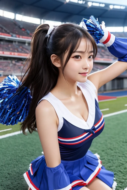 (8 thousand, RAW photos, best quality, table top:1.2), (realistic, realistic:1.37),1 girl, ((The background is a sports stadium.)), professional lighting, photon mapping, radio city, RAW photos、(realistic:1.4)、octane rendering、Highly detailed representation of complex 3D renderings, studio soft light, rim light, vivid details, super detailing, realistic 피부 질감, detail face, Beautiful eye for detail, Highly Detailed CG Unity 16K Wallpaper, assembly, (detailed background:1.2),huge breasts、((Non-breaststroke)), chest lowered by gravity, Nipples stick to clothes, ((Show off your panties)), The wind lifts my skirt. Spread your legs and cheer. best quality, Ultra A high resolution, table top, 1 girl, brown hair,(Short hair), 20 years old,((Gorgeous Cheergirl Costume、Cheerleader Outfit)), Cute face、((short pleated skirt))、Nogizaka Idol、Chinese idols、Japanese idle, low height camera shot,