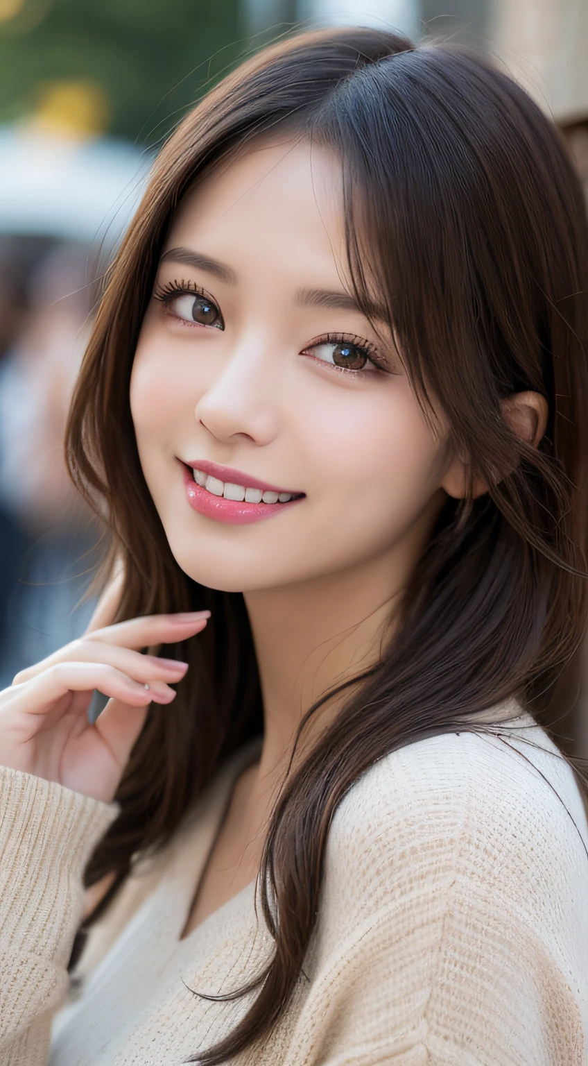 masutepiece, Best Quality, Illustration, Ultra-detailed, finely detail, hight resolution, 8K Wallpaper, Perfect dynamic composition, Beautiful detailed eyes, Autumn Women's Fashion,waved hair,Colossal tits、Natural Color Lip, Bold sexy poses,Smile,Harajuku、20 years girl、Cute、Sexy shot looking at camera、up of face