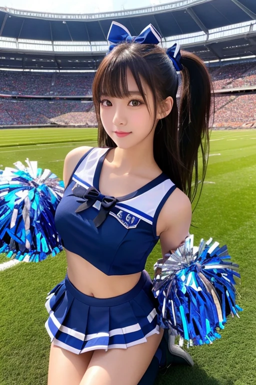 ((glistning skin))、1人、18 year old beautiful girl in Prague、bright expression、with round face、Glossy glossy skin、(Medium Hair)、eye liner(((Blue Cheerleader:1.2)))、((Stadium Background:1.2))、with arms up、Shiny black hair、Parted sleeves, bare shoulders, Center opening, cleavage of the breast, Central chest,crouching down、bow ribbon。Twin-tailed