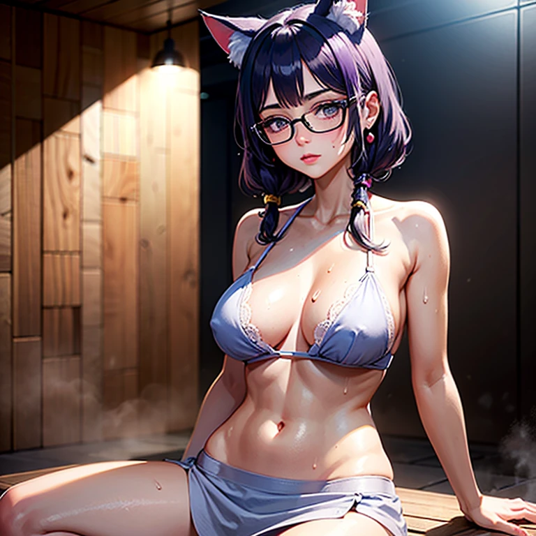 une femme adulte avec des lunettes nue dans un sauna, hammam, cover with a towel, sweaty skin,cat ears, Dark and purple hair, Hair on her Breasts , cheveux noirs et mèches violettes, oreilles de chat sur la tête, belle poitrine , Décolleté important, Avatar de seconde vie, Belle capture d’écran, charme , Seconde vie, femme séduisante, portant des lunettes