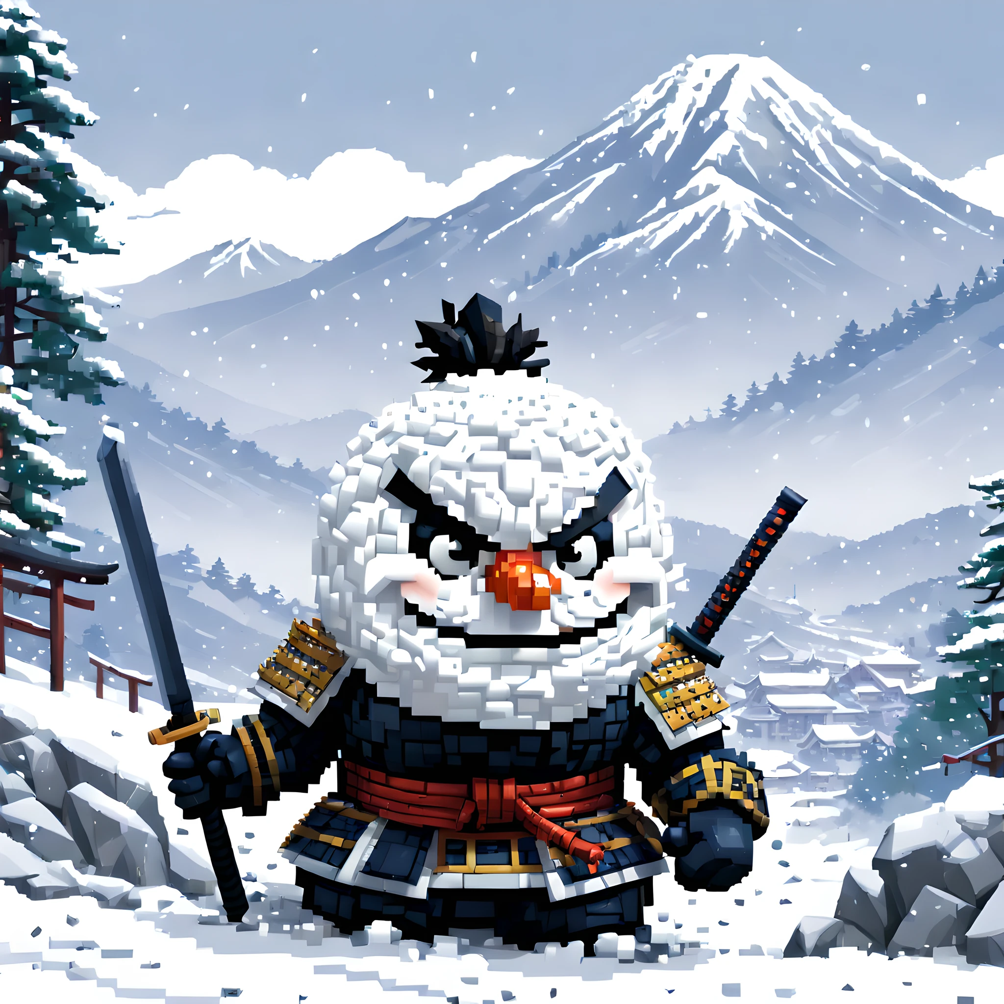 (Snowman:1.5),(Pixel art:1.5), (pixel theme:1.5), (fantasy:1.5), (Japanese game character:1.5), (Toshiro Mifune:1.5), (Japanese samurai:1.5), (General Winter:1.5),(snow:1.5), (snowy:1.5), (snow mountain:1.5),(white_out:1.5), (fantastic illustration:1.5),(dynamic:1.3), (absurderes:1.5),(ultra_detailed:1.5),(delicate:1.5),(Detail on facial expressions:1.5),(best quality:1.5),(masterpiece:1.5),