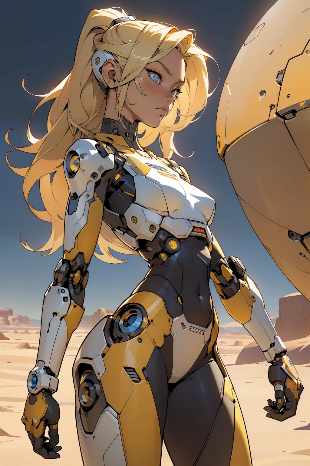 high quality, 4k, masterpiece, beautiful, cyborg girl, cowboy shot, dull eyes, side view, turning around to look at viewer, long blonde hair, girl, small breasts, fit thigh, robotic arms, robotic body, cyborg body, yellow accent, redaccent, intricate detail, joint, detailed lines, robotic detail, holding fist up, holding hand up as fist, color robotic parts, robotic parts with color, perfect fingers, on a desert planet, sunny background, colorful desert,