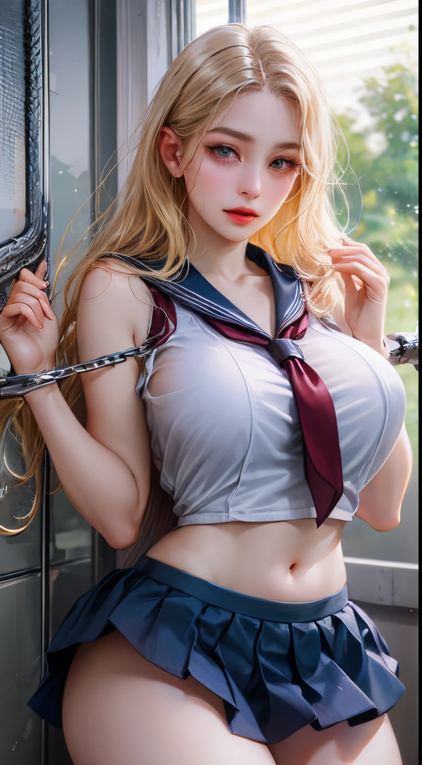 top-quality、realistic touch,high-detail、photoRealstic、、Long body、Delicate body、skirts that are too short、big eye、Big breasts that will tear your clothes、Strong platinum blonde eyelashes、platinum-blonde、Beautie、A sexy、full body Esbian、Flushed cheeks、look at me with teary eyes、Kamimei、thin-waist、Sleeveless、Voluptuous thighs、High school student in sailor suit、Not wearing pants、Wearing restraints
