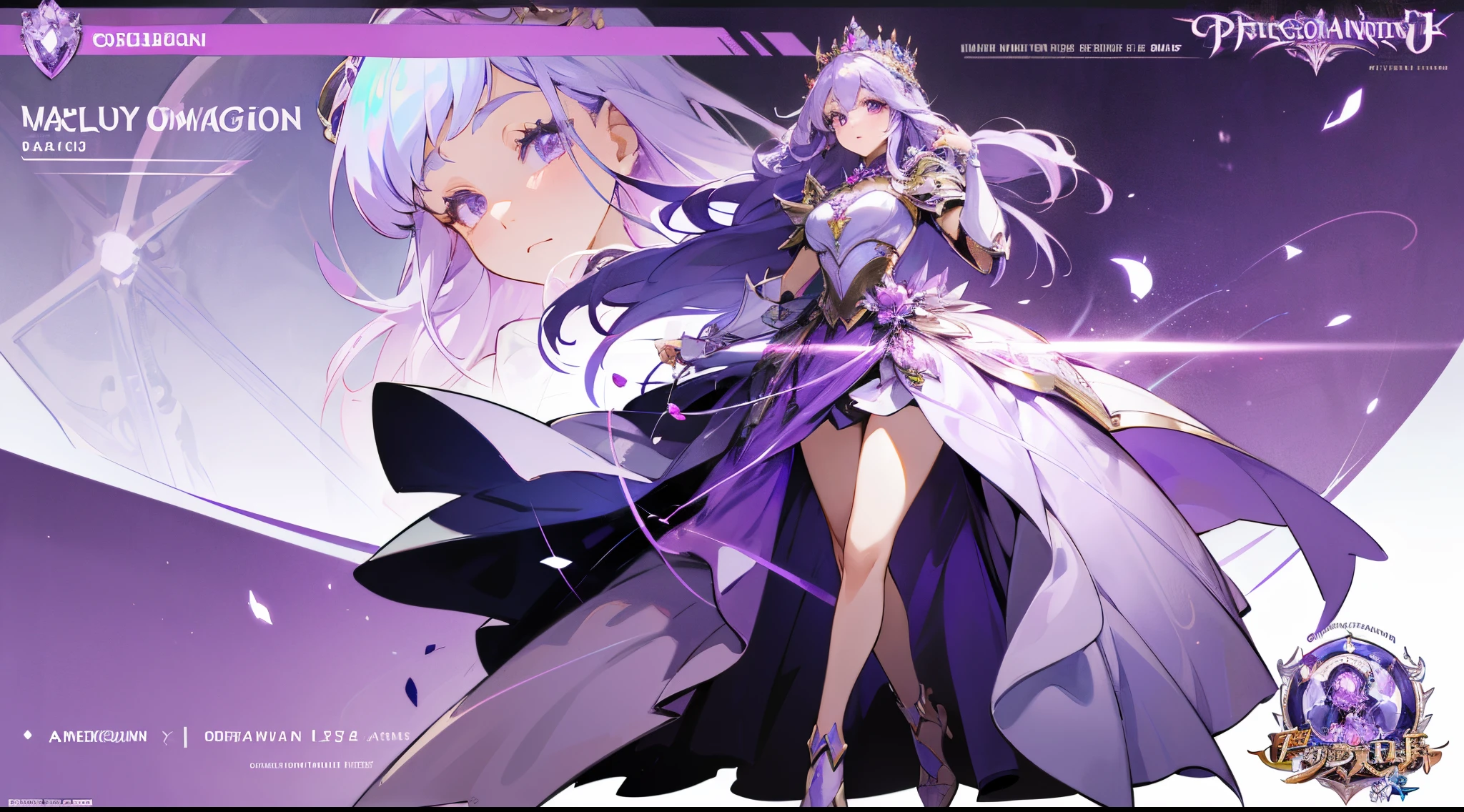 a cartoon drawing of a woman in a purple dress with a crown on her head, full body concept, oc commission, full body adoptable, official concept art, in opal armor, princess of amethyst, fullbody commission for, purple eyes and white dress, outfit design, official fan art, high quality fanart, full body!, character adoptable, long haired humanoid fursona