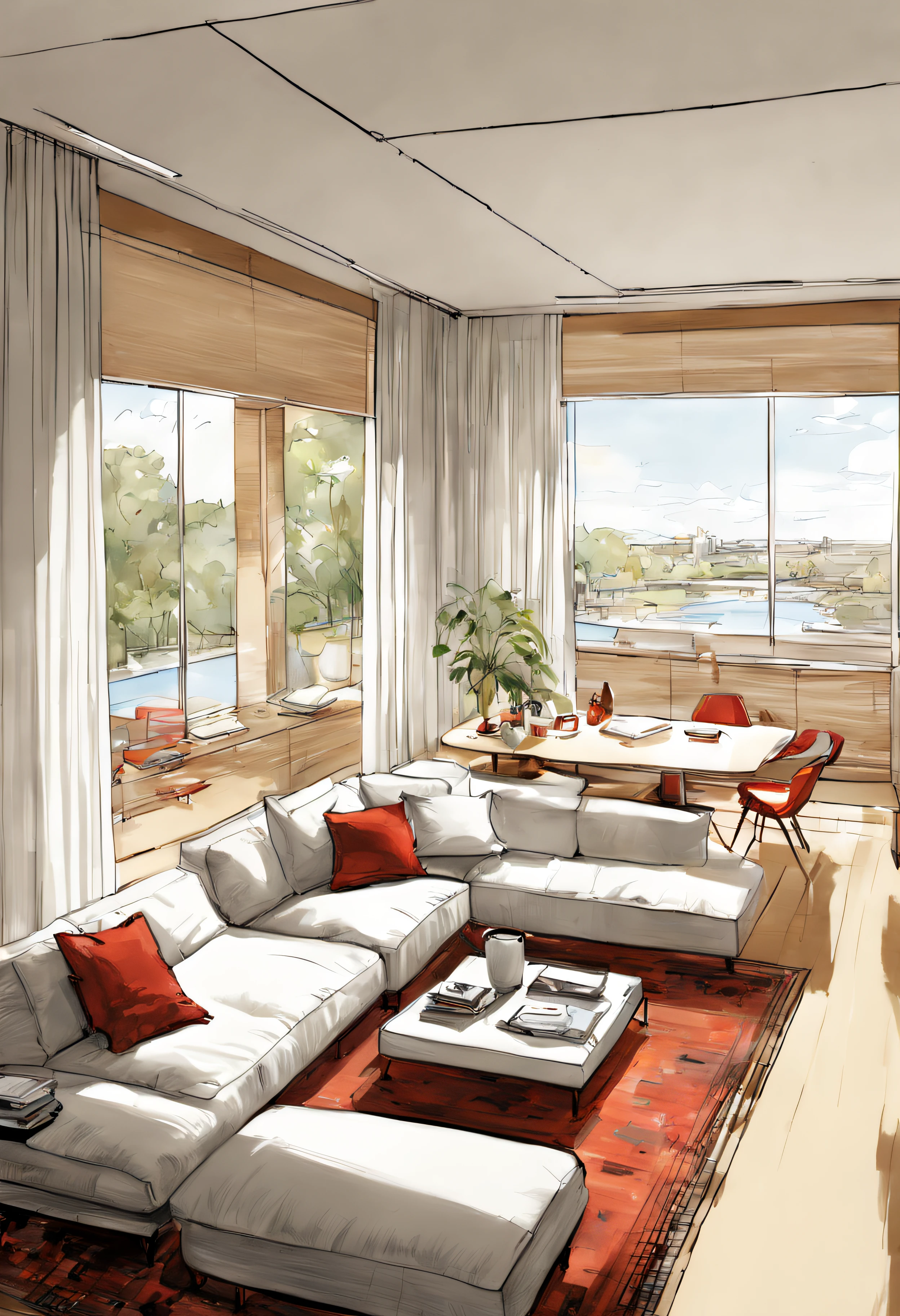 a sketch of a beautiful modern living room, (((foster and partners, artists impression, artistic impression, by Hamish MacDonald, by Carey Morris, by David Brewster, higher detailed illustration, by Helen Berman, an illustration, detailed illustration, by Nick Fudge, by Warren Mahy, artist's impression))), a red kitchen cabinet behind the white sofa, with minimal pictures on the wall, linen curtain next to the classroom window, coffee table, modern wood, ceiling with magnetic emissive lighting, white fabric PRB textures, wooden floor PRB texture,