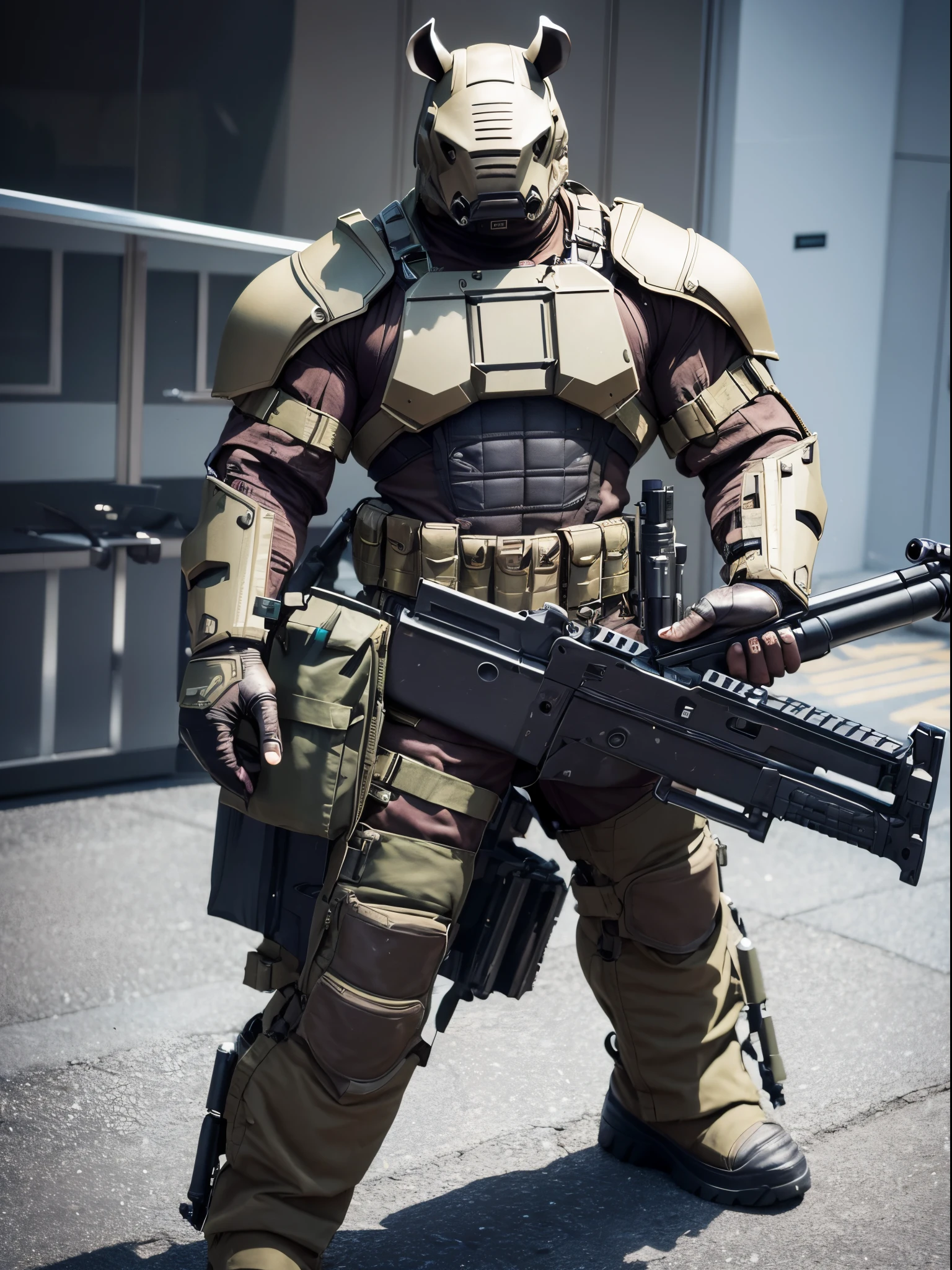 Humanoid, rhino, armored suit, ammunition belt, holding a machine gun, standing, smug, combat boots, bank backdrop, bank robber, mutant