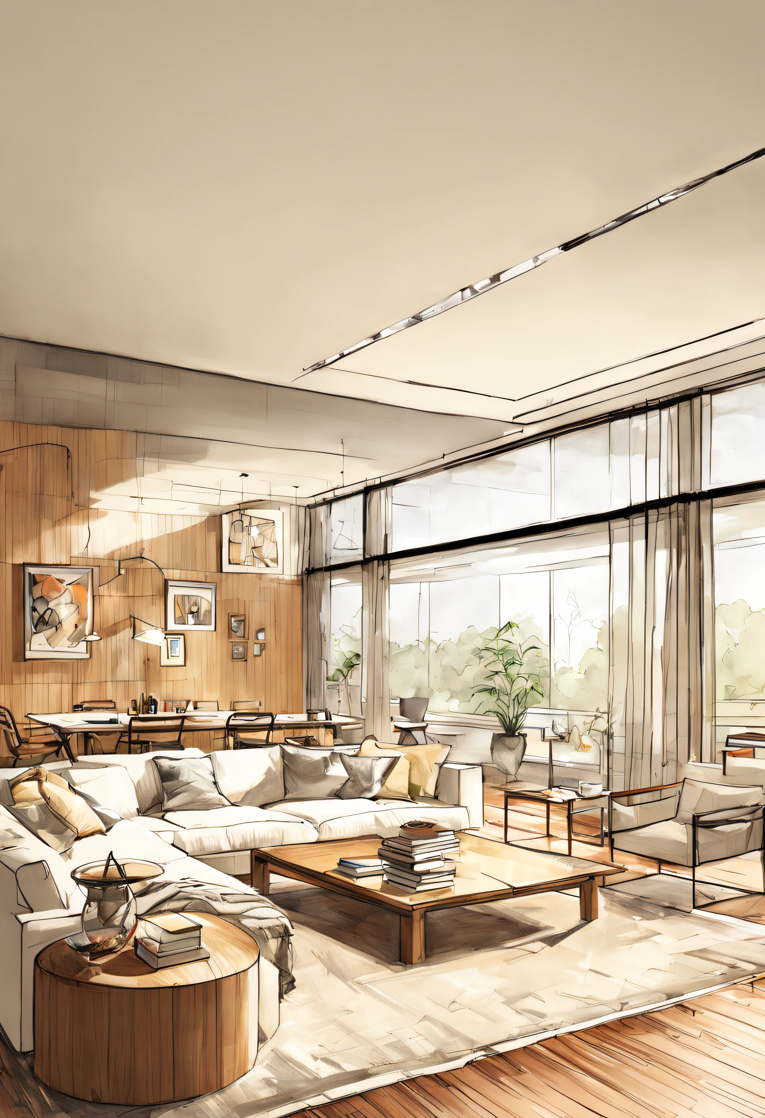 a sketch of a beautiful modern living room, (((foster and partners, artists impression, artistic impression, by Hamish MacDonald, by Carey Morris, by David Brewster, higher detailed illustration, by Helen Berman, an illustration, detailed illustration, by Nick Fudge, by Warren Mahy, artist's impression))), a red kitchen cabinet behind the white sofa, with minimal pictures on the wall, linen curtain next to the classroom window, coffee table, modern wood, ceiling with magnetic emissive lighting, white fabric PRB textures, wooden floor PRB texture,
