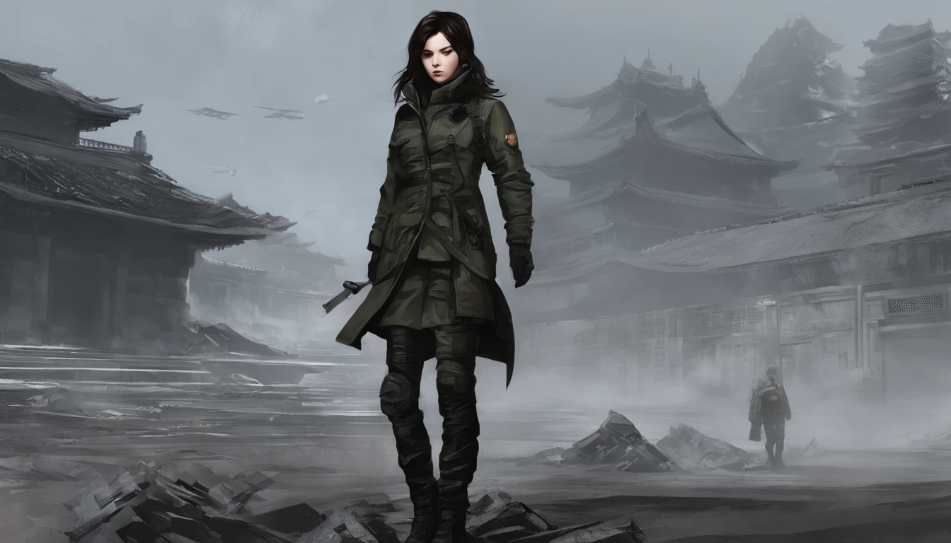Chinese, miltary, wind coat, brunette color hair, black in color