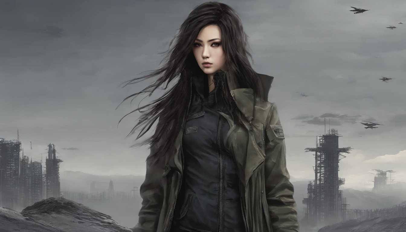 Chinese, miltary, wind coat, brunette color hair, black in color