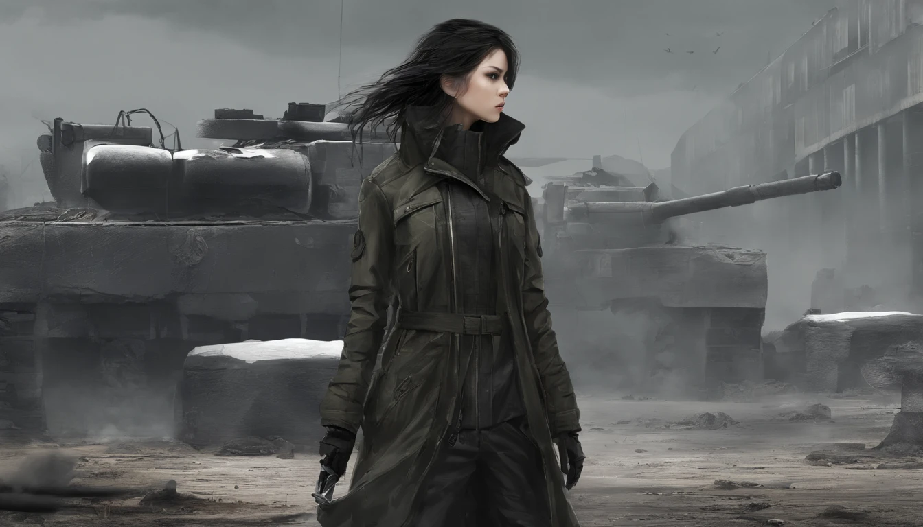 Chinese, miltary, wind coat, brunette color hair, black in color