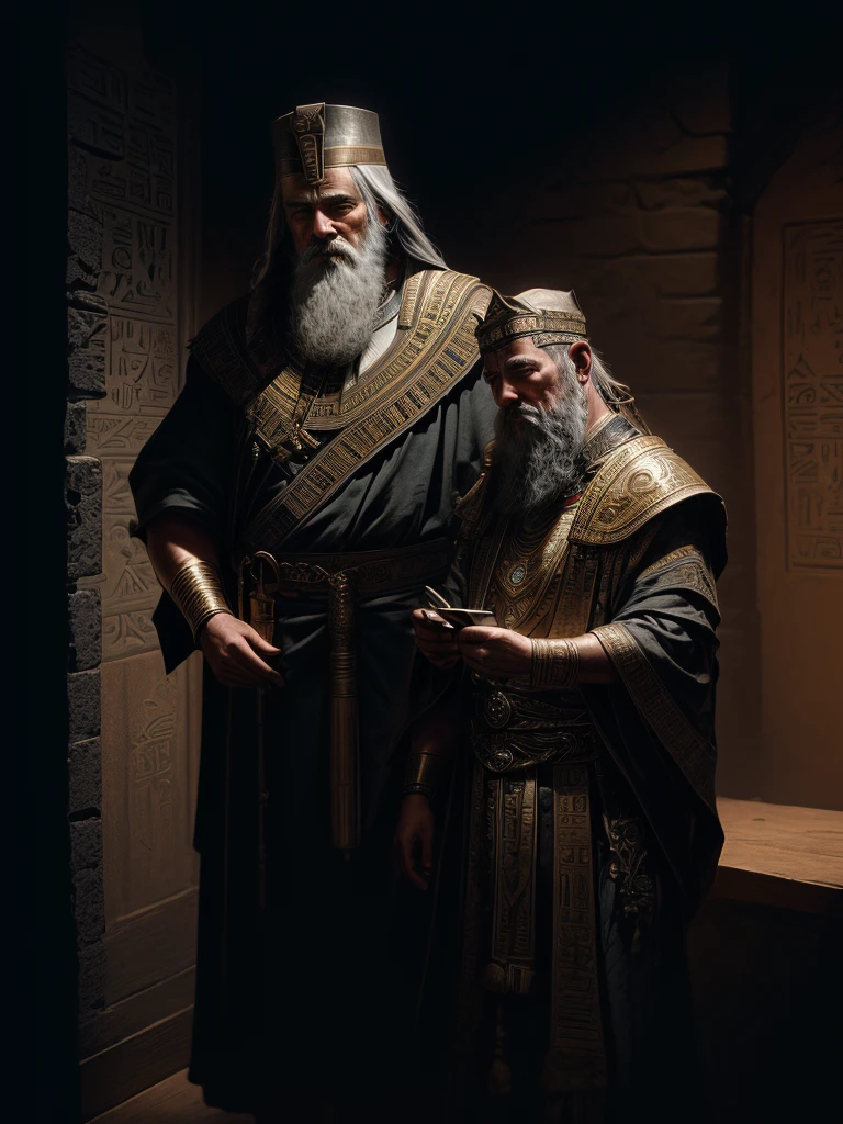 (masterpiece, high resolution:1.3), (photo of an ancient Egyptian wall adorned with detailed hieroglyphs:1.2), (Sony Alpha 1 camera, renowned for capturing exceptional detail in low-light conditions:1.2), (paired with the Sony FE 24-70mm f/2.8 GM lens for a sharp and atmospheric shot:1.2), (the wall marked with intricate symbols and engravings from 3000 years ago:1.1), (the torchlight scattered throughout the room, casting dancing shadows on the ancient stone:1.1), (Sony Alpha 1 camera capturing the delicate details of the hieroglyphs and the warm glow of the torches:1.2), (an elderly sage standing with his back to the camera, engrossed in contemplation:1.1), (his long white beard and aged features reflecting wisdom and experience:1.1), (the ancião intently gazing at the wall in front of him, deciphering the ancient script:1.1), (his robes draping gracefully as he stands in the dimly lit chamber:1.1), (the torchlight illuminating his figure and the wall he studies:1.1), (the chamber filled with an air of ancient mystery and history:1.1), (the ancião unaware of the presence of the photographer, immersed in his scholarly pursuit:1.1), (a moment frozen in time, capturing the timeless fascination with ancient knowledge:1.1), Cinematic, Hyper-detailed, insane details, Beautifully color graded, Unreal Engine, DOF, Super-Resolution, Megapixel, Cinematic Lightning, Anti-Aliasing, FKAA, TXAA, RTX, SSAO, Post Processing, Post Production, Tone Mapping, CGI, VFX, SFX, Insanely detailed and intricate, Hyper maximalist, Hyper realistic, Volumetric, Photorealistic, ultra photoreal, ultra-detailed, intricate details, 8K, Super detailed, Full color, Volumetric lightning, HDR, Realistic, Unreal Engine, 16K, Sharp focus, Octane render