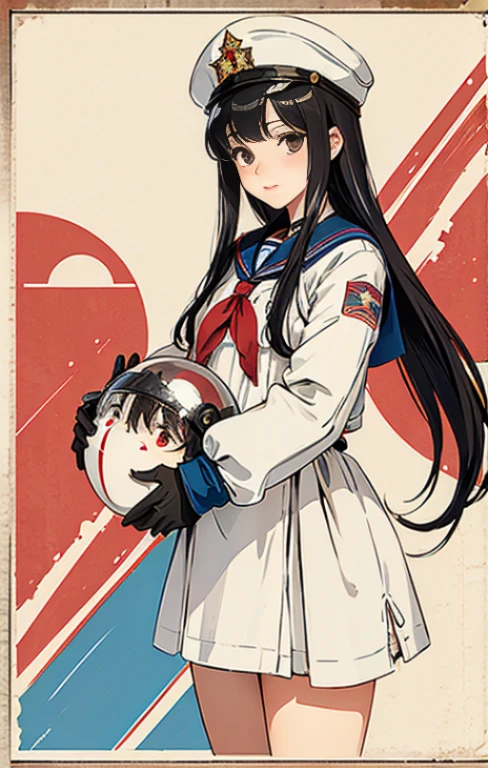 1girl in,lovly,beatiful detailed eyes,shinny hair,visible through hair,Hair between the eyes,CCCPposter,sovietposter,Black bob hair,USSR poster,soviet union,communism,Sailor Moon Costumes、golden long twin tail hairstyle ), white_gloves, white_space shoes, white_helmets, the CCCP red letters on the top of helmet, weightless, side lights, reflection,The right hand gently touches the Salyut space station),Space station in the upper right corner of the screen,The sun reflects light,silver metal,red flag,Luster,Soviet poster style,diffuse reflection,metalictexture,The vista is a blue Earth,starrysky,high key,Decadent atmosphere