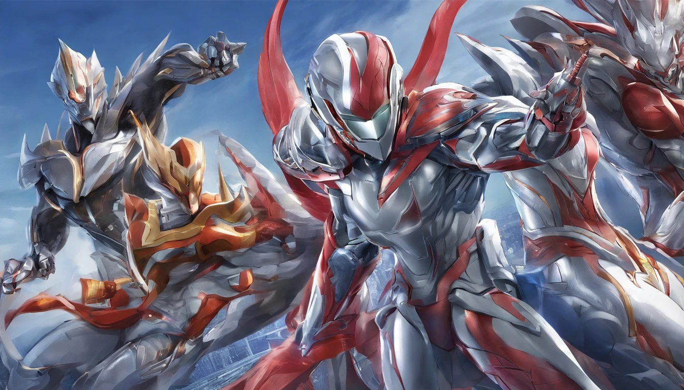 [ Amazing | astounding | delicated ] Ultraman&#39;s character statue ，[Visually inspect the audience] （Best quality， tmasterpiece）， 1人，combat scene， City smoke background， upper part of body， Contemporary，Blue Ultraman Tiga Color Color。[dot paper effect]，Ultra-clear image quality，32K，long-focus。