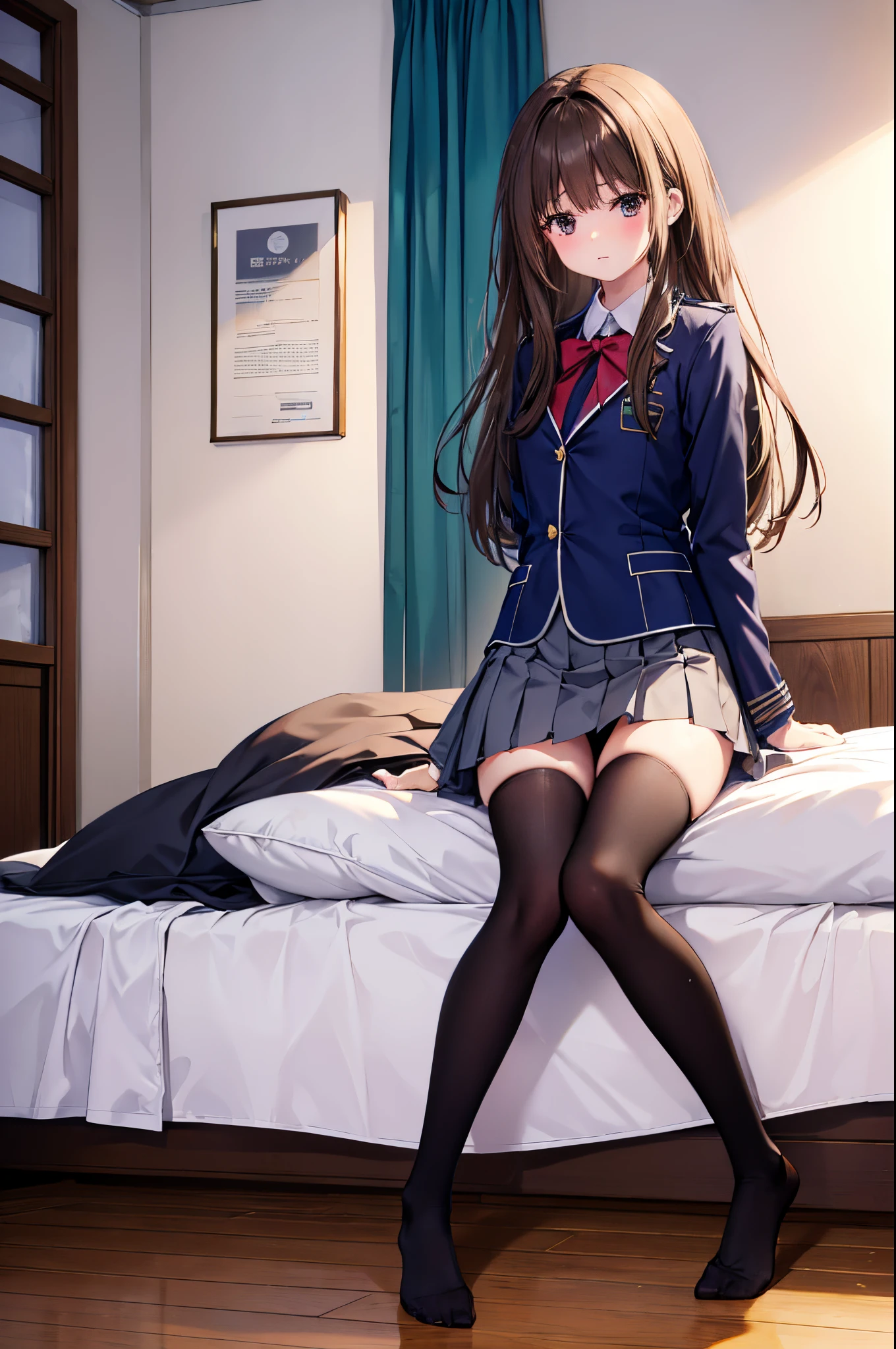 Takina Inoue、Japanese girl with slim body、独奏、Full body portrait from head to toe、small tits、light brown long hair、Red face、Embarrassed look、Composition from the front、Composition from slightly below、Blazer High School Uniform、black tights、black pantyhose、Black Knee High Socks、white panties、without shoes、M-shaped legs are spread、Pose with hands hidden behind your back、sit on a bed、Open legs、The groin area is visible、hi-school girl、bedroom、inside in room、during daytime