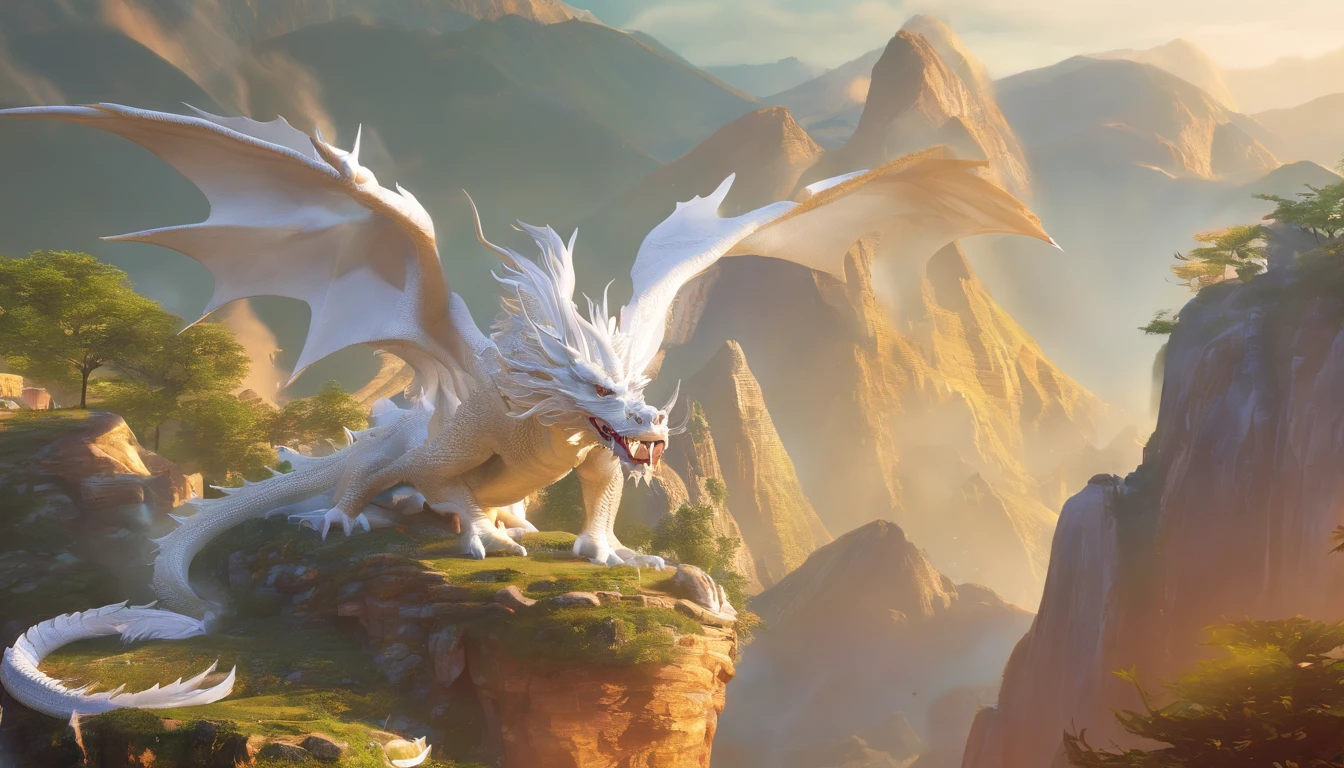 Very beautiful white dragon 3D rendering,腾clouds驾雾,Far Mountain,Chinese architecture,clouds,Sunnyday,Dynamic representation, Vivid effects and details,Superior image quality,A high resolution