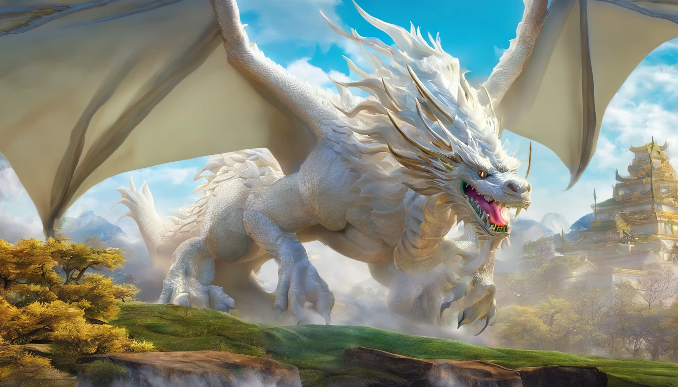 Very beautiful white dragon 3D rendering,腾clouds驾雾,Far Mountain,Chinese architecture,clouds,Sunnyday,Dynamic representation, Vivid effects and details,Superior image quality,A high resolution