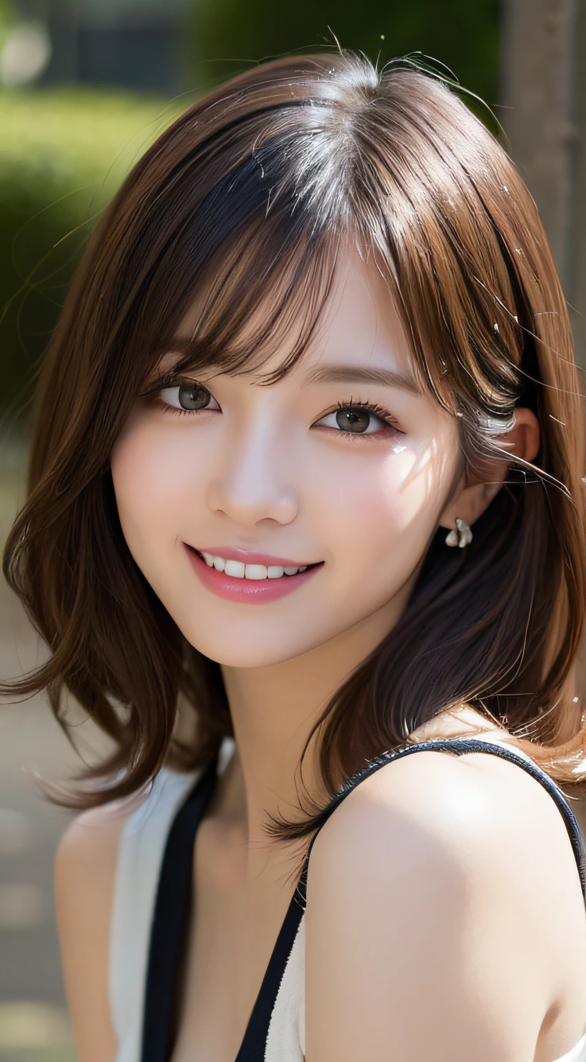 masutepiece, Best Quality, Illustration, Ultra-detailed, finely detail, hight resolution, 8K Wallpaper, Perfect dynamic composition, Beautiful detailed eyes, Autumn Women's Fashion,waved hair,Colossal tits、Natural Color Lip, Bold sexy poses,Smile,Harajuku、20 years girl、Cute、Sexy shot looking at camera、up of face