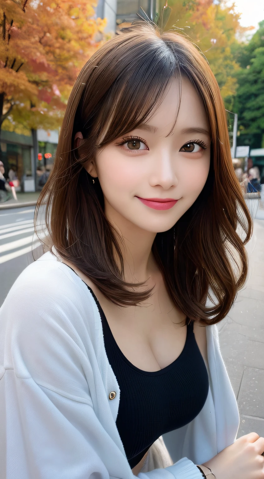 masutepiece, Best Quality, Illustration, Ultra-detailed, finely detail, hight resolution, 8K Wallpaper, Perfect dynamic composition, Beautiful detailed eyes, Autumn Women's Fashion,waved hair,Colossal tits、Natural Color Lip, Bold sexy poses,Smile,Harajuku、20 years girl、Cute、Sexy shot looking at camera、up of face