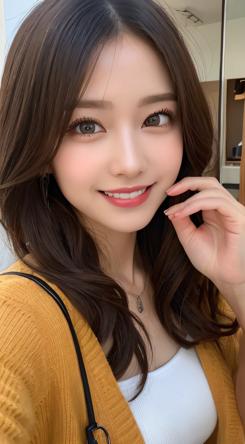 masutepiece, Best Quality, Illustration, Ultra-detailed, finely detail, hight resolution, 8K Wallpaper, Perfect dynamic composition, Beautiful detailed eyes, Autumn Women's Fashion,waved hair,Colossal tits、Natural Color Lip, Bold sexy poses,Smile,Harajuku、20 years girl、Cute、Sexy shot looking at camera、up of face