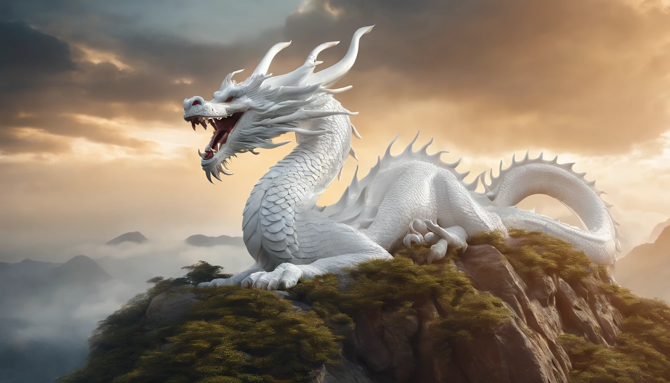 "Very nice 3D rendering of the white Chinese dragon.，Dynamic Representation, Vivid Effects and Details，Calidad de imagen superior，A high resolution，Plethora of colors,　muchas monedas, Tesoro"