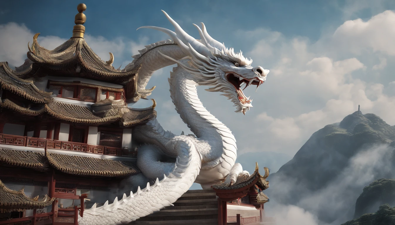 Very beautiful white dragon 3D rendering，腾​​clouds驾雾，Far Mountain，Chinese architecture，​​clouds，Sunnyday，Dynamic representation, Vivid effects and details，Superior image quality，A high resolution