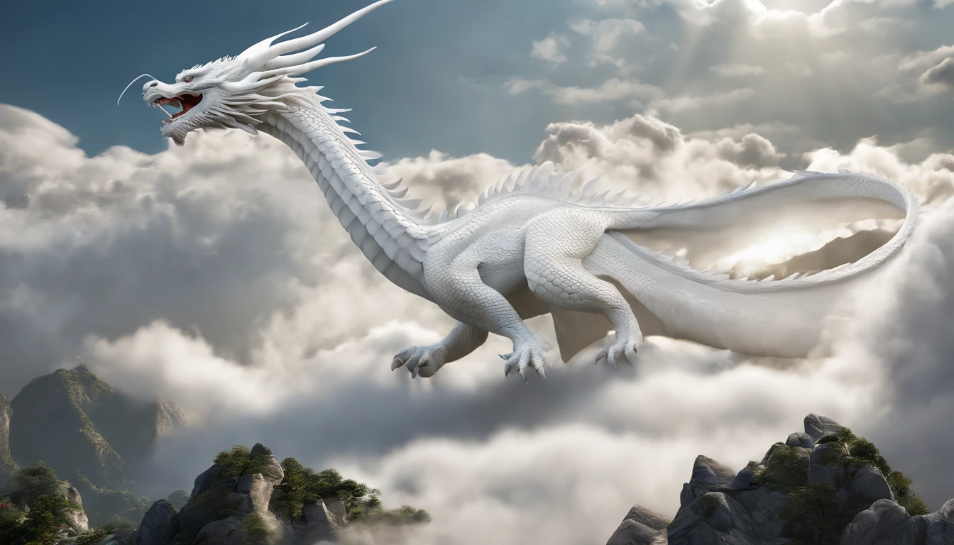 Very beautiful white dragon 3D rendering，腾​​clouds驾雾，Far Mountain，Chinese architecture，​​clouds，Sunnyday，Dynamic representation, Vivid effects and details，Superior image quality，A high resolution