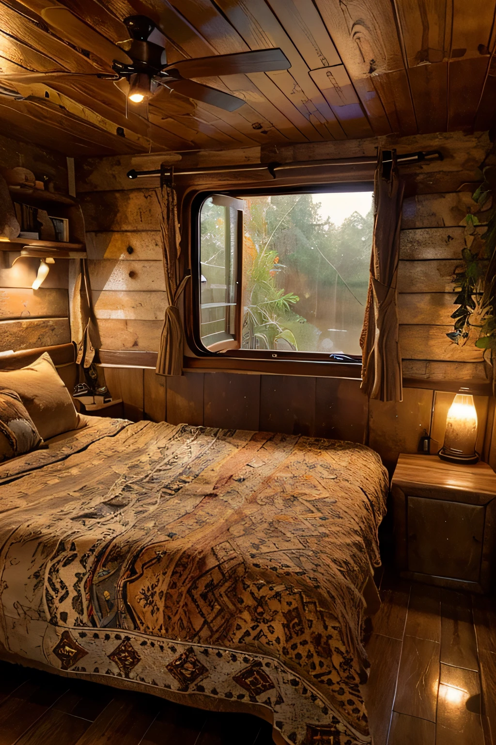 (warm colors, natural materials:1.3), boho-inspired, relaxed atmosphere, cozy caravan interior, a comfy bed, warm lights, heavy rain outside the window.