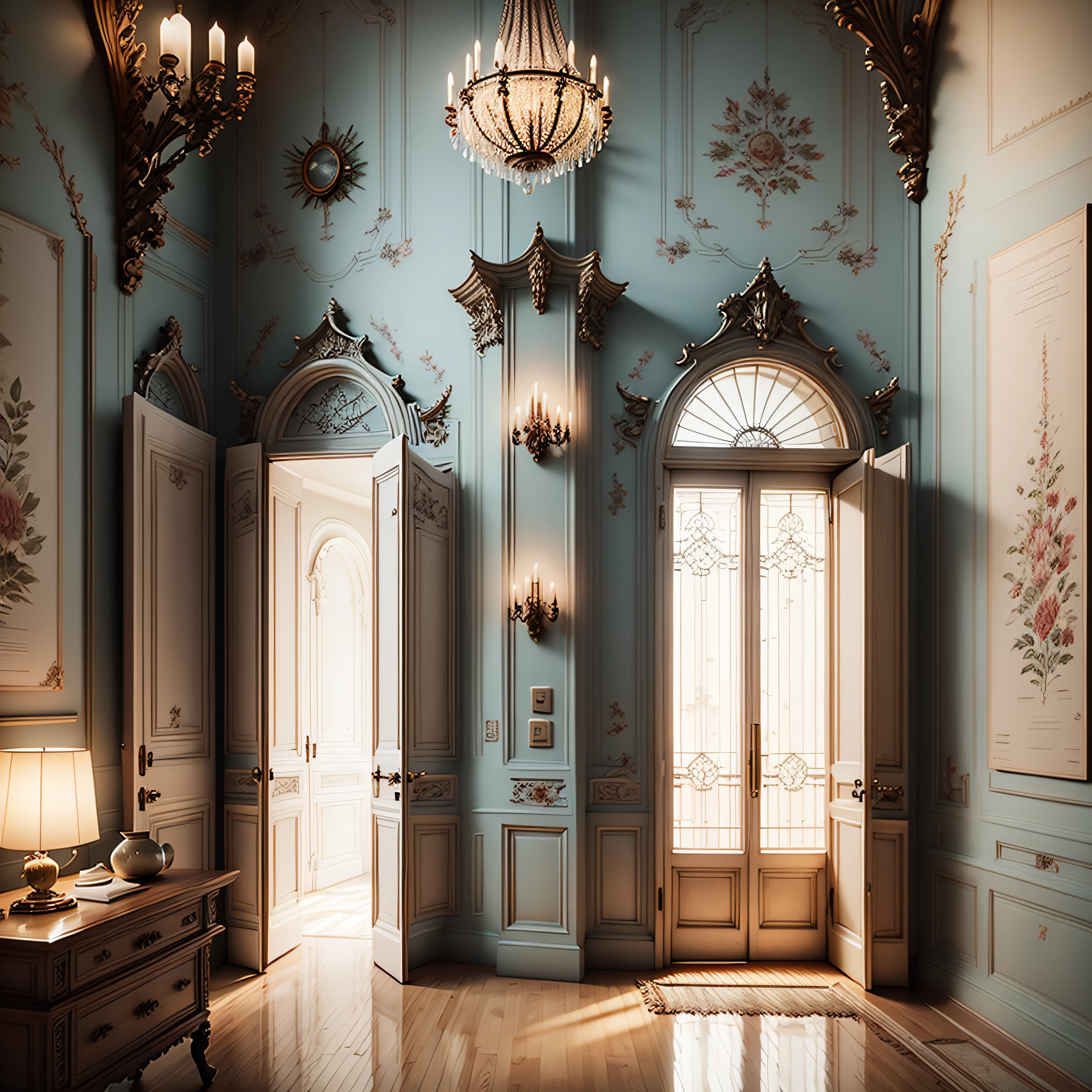 INTERIOR DESIGN, Corridor plan, European-style décor, 3D Rendering, Convenient interior lighting, superdetail, films, Furniture and windows in the evening, 8K
