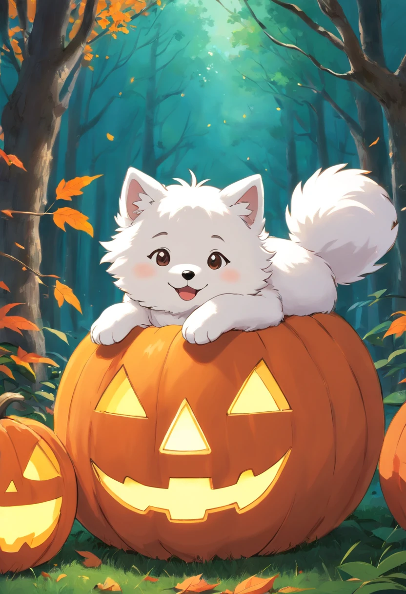 Samoyed in Halloween costume，There was a white cat lying next to it
