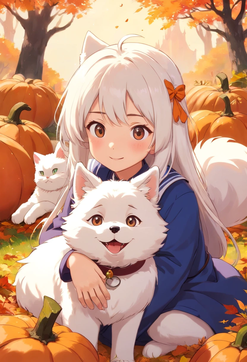 Samoyed in Halloween costume，There was a white cat lying next to it
