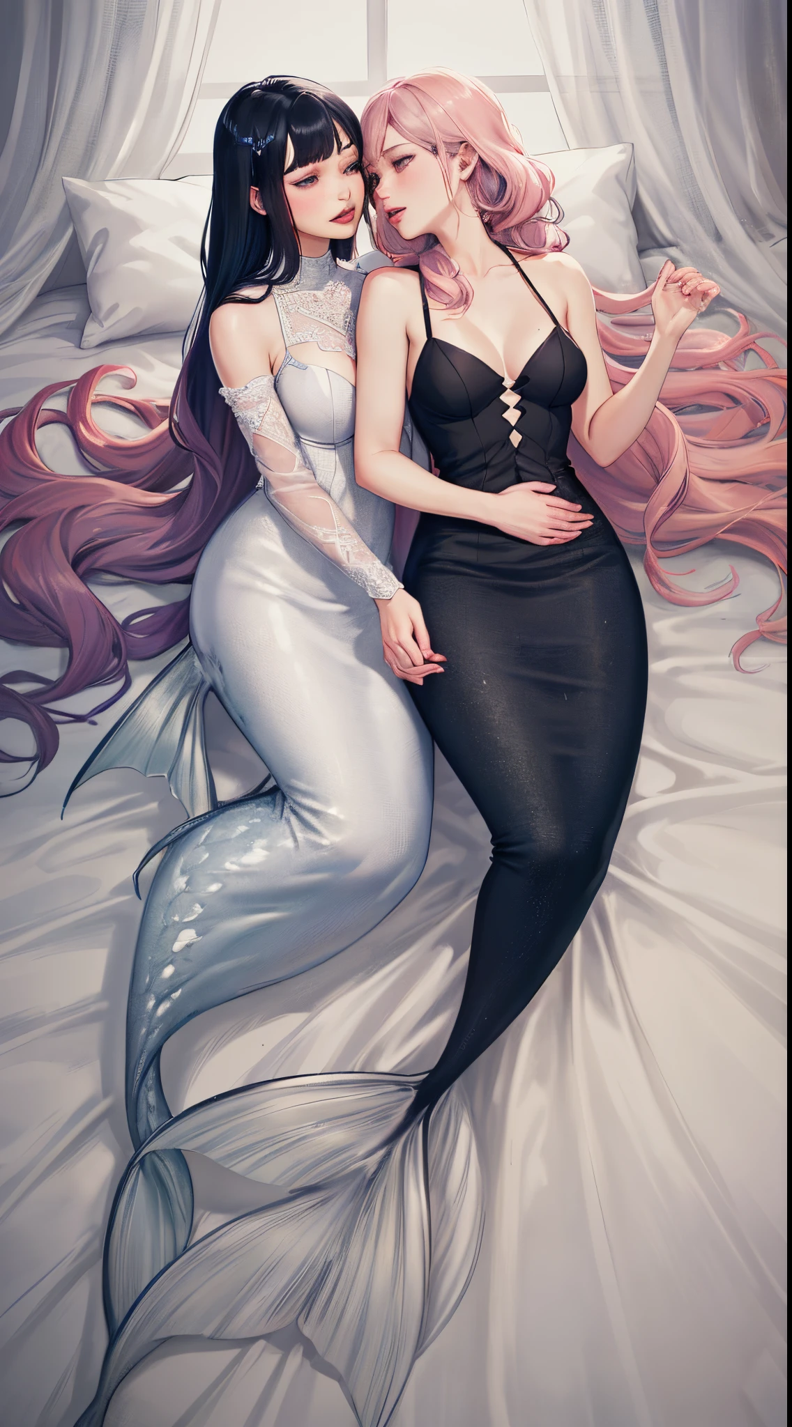 a mermaid, masterpiece, high quality, sharp focus, perfect face, perfect jawline, textured skin, beautiful lips, sunbeams, warm lighting, cool atmosphere, 8k, uhd, absurdres, Dynamic hair, Long straight hair, Delicate platinum-pink hair, two beautiful women, with detailed pretty faces with pastel colored eyes, who are mermaids with white-colored fishtails with fish scales, pastel-colored mermaid tails, perfect lower body tail (fish), fish-like lower bodies, slim upper bodies, extravagant fins on tails, scaly fishtails, each girl has different hair colors, black and white colored long curly hairs, passionately making out in a bed with white sheets, stripping each other's clothes off, very sexy, pleasured while rubbing their hands on each other, kissing lustfully while blushing and embarrassed, dripping saliva from their tongue and lips, with messy and see-through wet clothes, breast curtains, porcelain dress, areola transparent slip dress, blushing in an intimate moment, cuddling with each other, stimulating each other's nipples, licking boobs, laying on top of each other, shimmering white, full body view, pure white, elegant white, detailed drawing, extremely detailed drawing.