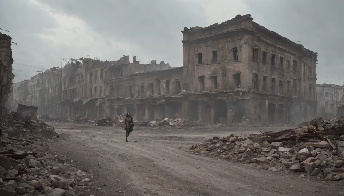 (Best quality at best,4K,8K,A high resolution,tmasterpiece:1.2),ultra - detailed,(actual,realisticlying,Photorealistic:1.37),karo, urs, Crumbling town, Destroyed buildings, greybackground, Women survivors, 详细的脸, Shoot from below, worn-out clothing, determined expression, rubble, smokes, Abandoned streets, desolated, post apocalyptic atmosphere, 废墟, relics of the past, Bittersweet memories, overcast day, dramatic lights, cinematic compositions