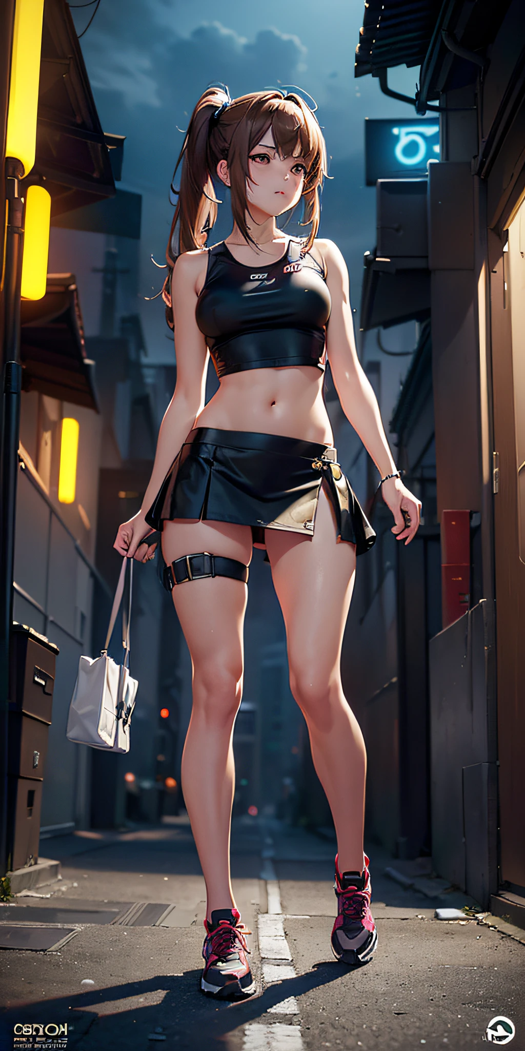 (((professional: step by step, considering even the smallest detail god level final result))): "Zettai Ryouiki, with medium light brown hair and two pigtails above her ears, 50% Revealing clothing, Show skin, ((Rave shirt, Low-cut shirt, Rave miniskirt, Visible thong straps)), (with a rave outfit:1.2, 50% Rave clothing), (Detailed outfit, Detailed clothing), (sexy walking pose), Solo focus, embarrassed, centered, Scale to fit dimensions, Rule of thirds, ((Night view)),(cyberpunk night street Background: 1.5, dark sky, alley, lonely alley, clouds thick, Background with intricate details), (Best quality),(high resolution),(Sharp focus),(intricate details),(Very high quality artwork),(very fine 8K CG),((perfect piece) ), (((Masterpiece))), illustration, vibrant colors, high contrast, selective lighting, double exposure, HDR (high dynamic range), Post-processing, Background blur"