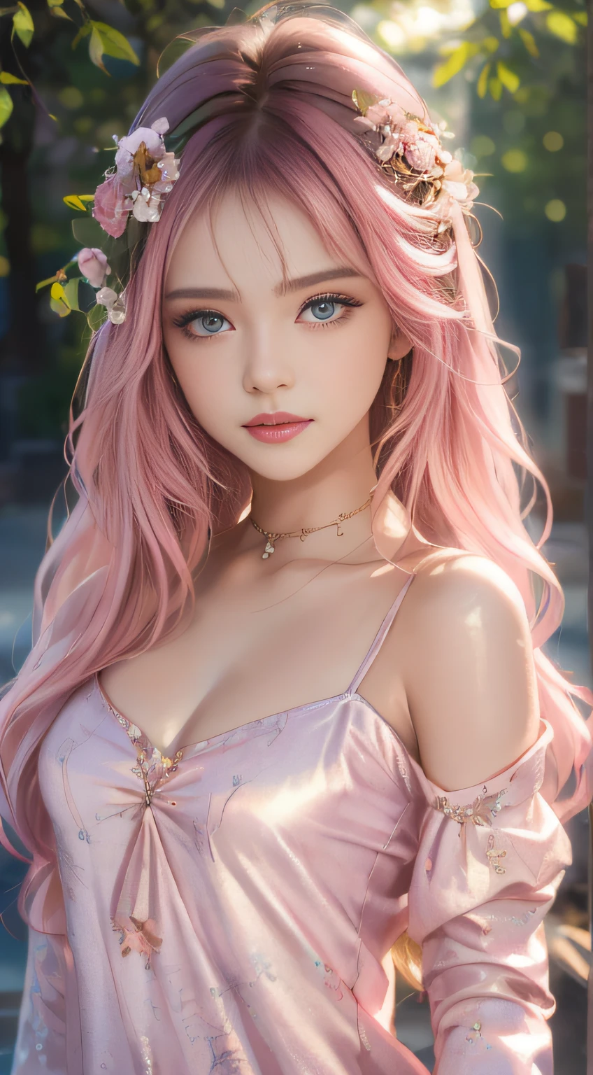 photorealistic, masterpiece, sidelights, exquisite gentle eyes, character focus, face focus, portrait, masterpiece, ,anime colored, cute face ,3D face, pink hair, long hair ,straight hair, 1 woman in tiny and tight lingerie ,blue eyes ,kind face, blush, wavy pink hair ,cute face, gentle smile ,Gentle face ,glowing eyes ,neat and clean, adorable ,Slim Body, shiny hair, shiny skin ,niji, sketch, manga ,idle animation, ,striking a pose with index finger on the cheek, long shot, beautiful breasts,  huge breasts ,nipples clamp jewelry, erect nipples, perfect nipples, chest press together, detailed nipples, nude ,medium long body shot ,blossoms  background