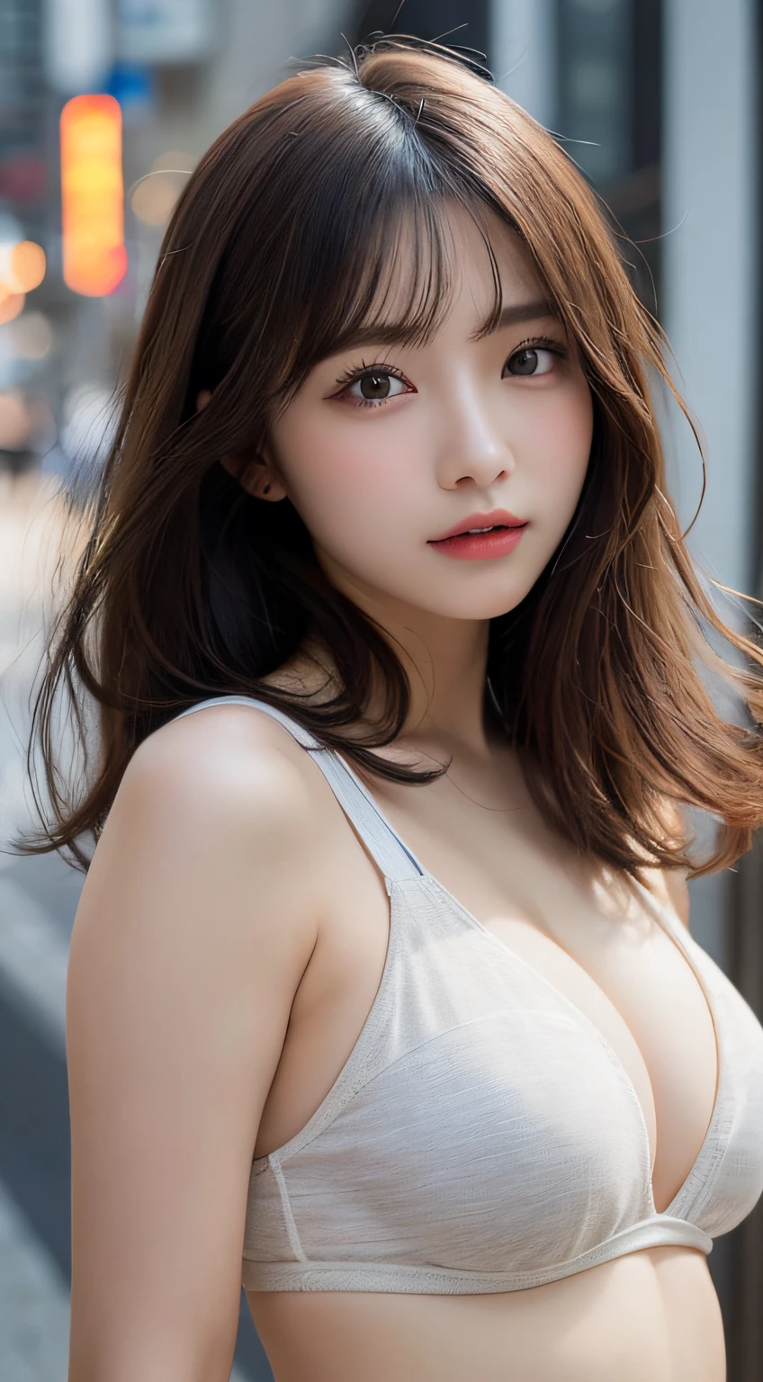 finely detail, hight resolution, hightquality、Perfect dynamic composition, Beautiful detailed eyes, Medium Hair,Natural Color Lip,Kamimei、Shibuya、20 years girl、1 persons、Transparent skin、Glowing hair、masutepiece, Best Quality, Illustration, Ultra-detailed, finely detail, hight resolution, 8K、The correct state of the human body、randome pose、Gravure Model Pose,Hair soaring in the wind、Underwear,length hair,Big Tits,gigantic cleavage breasts, Bold sexy poses,Colossal tits、up of face