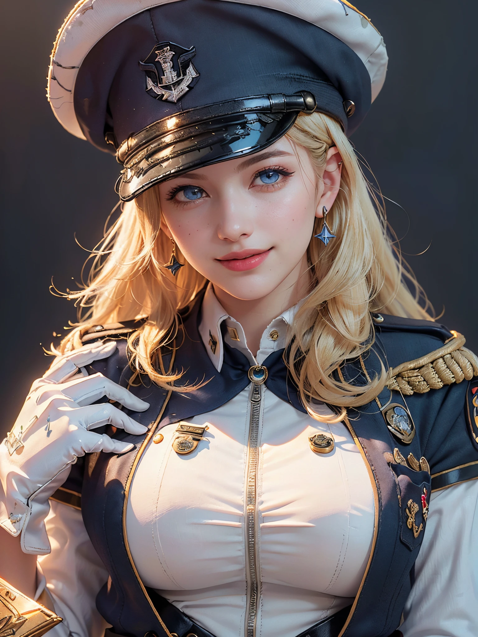 (best quality, 4k, 8k, high-res, masterpiece:1.2), ultra-detailed, (realistic, photorealistic, photo-realistic:1.37), (beautiful detailed eyes, beautiful detailed lips, extremely detailed eyes and face:1.5), (soft lighting:1.5), physically-based rendering, vivid colors, (big tits, super big tits, super extra big tits, toned body), (navy military or naval uniform, hats, lapel pins, rank insignia, pockets, belts and pouches, white gloves, earrings:1.5), (smile and laugh, blonde hair, shiny hair, shiny skin:1.2), (simple background, blurred background:1.37),