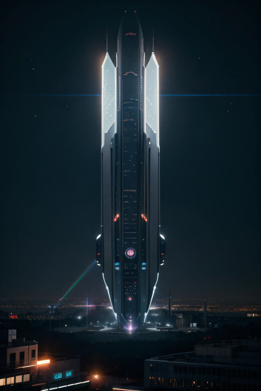 City night scene with light beams in the sky,spaceship in night sky，artem demura beeple, beeple style，