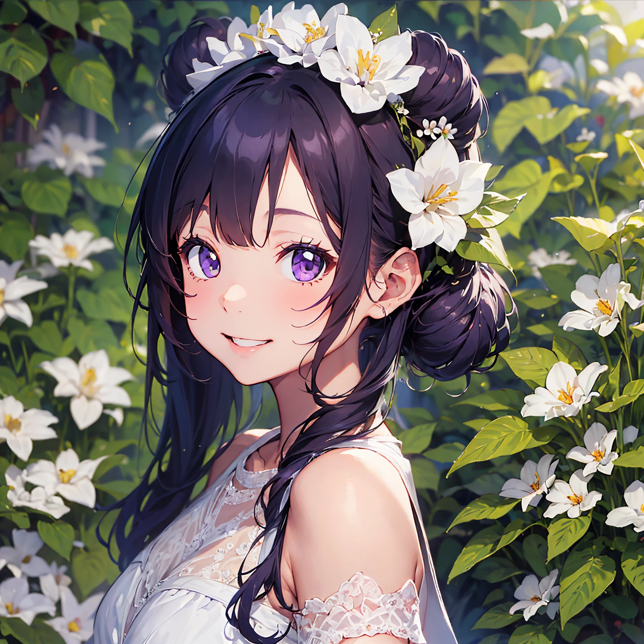 masterpiece、high detail girls((独奏、a beauty girl、doress、Hair ornaments with attention to detail、Hair is tied up))、purple color hair、Bun、Short Bob、Transcendent smile、smile、Background with((fantastic wedding))、Glowing flower garden、diamond flower、Pedras preciosas、item lists