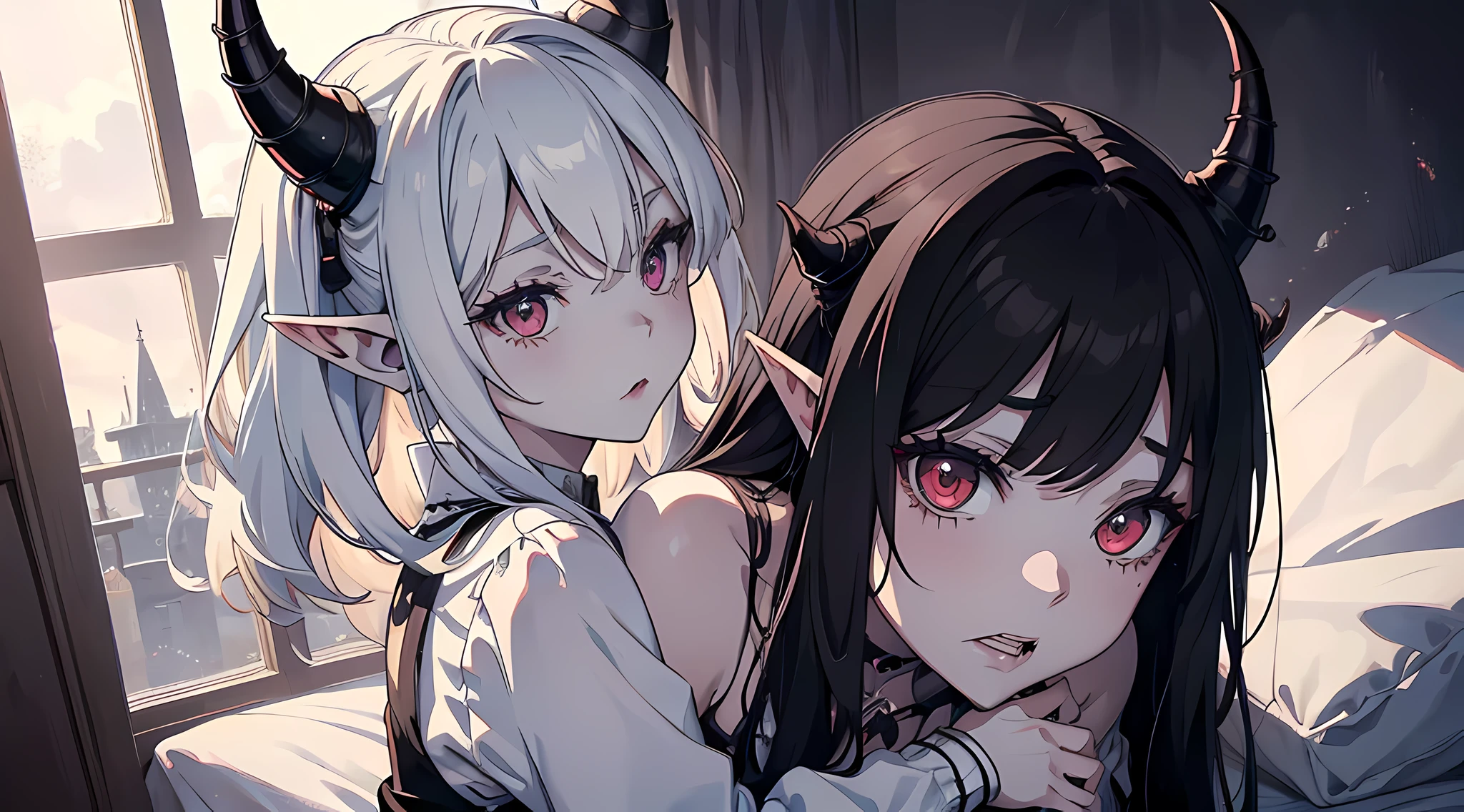 two demon girls with horns, looking at viewers, black long hair, White short hair, Dark colors, kissing, ghotic style, Creepy style, Mommy Vibe, Two elf, Crazy, hugging, Strong facial study, full body, anger, bedroom