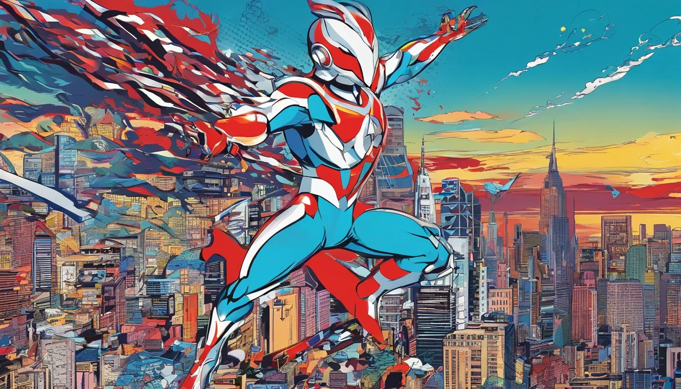 [ Amazing | astounding | delicated ] Ultraman&#39;s character statue ，[Visually inspect the audience] （Best quality， tmasterpiece）， 1人，combat scene， City smoke background， upper part of body， Contemporary，Blue Ultraman Tiga Color Color。[dot paper effect]，Ultra-clear image quality，32K，long-focus。