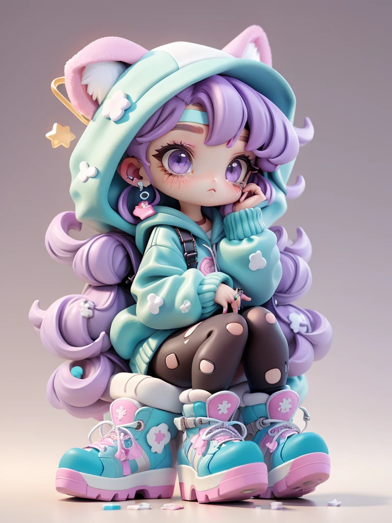 Sailor Moon costumes、golden long twin tail hairstyle、, Foaming animal ears, breads , medium lenght hair, White hat with an X in the middle, Sitting, Pensive, Thinking Girl, whitish eyes, Lilac Eye, fullllbody, Chibi, Full Body Art, wearing a hoodie and sweatshirt, hood sweater, blue belt and harness, Torn leggings, Purple Boots, pink lace boots, Pink lace, Big platform, sit in the blue,1girl in, human - shaped , 3 d, ( highly detailed figure ), [ Trending on CGSociety ]!!, Beautiful Girl, style as nendoroid, modern harajuku style, Fashion, Street fashion, figurine, blender, band-aid on face, Ring earrings, shapes