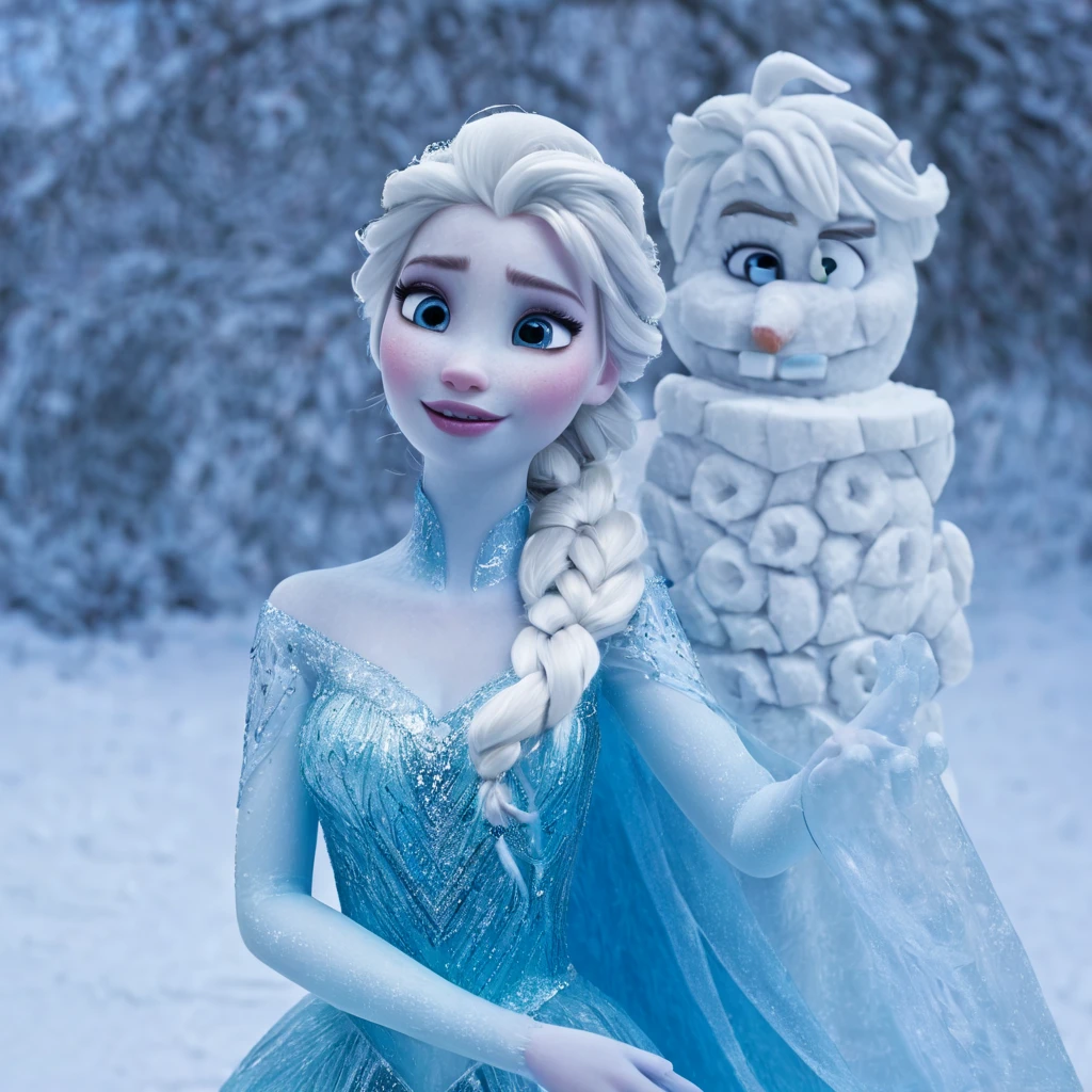 Photography of a charming snow sculpture resembling Elsa, the beloved character from Frozen, created by the mischievous snowman Olaf. The snow sculpture captures Elsa's graceful silhouette, complete with her flowing ice-blue gown and intricate braid. The photograph is captured from a close-up angle, highlighting the delicate details of the sculpture, such as the shimmering ice crystals embedded in the snow. The lighting is soft, casting a gentle glow on the sculpture, adding to its ethereal beauty. This enchanting image showcases Olaf's playful creativity and his admiration for Elsa