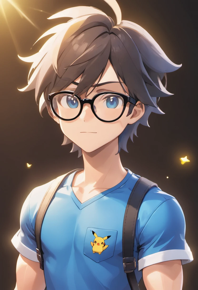 Male cartoon character wearing black glasses and blue shirt, Animated characters, Stylized characters, animation style render, Stylized 3D, Arnold Maya Lender, 3d rendering stylized, toon render keyshot, 3dcharacter, 3dcharacter, 3D rendering stylized, 3 d character render, comic book character, close up character, Character Pose, (pixer style) (Master Parts:1.2) (Bokeh) (Best Quality) (detailedskin) (detailed texture) (8K) (clay) (Cinematic lighting) (foco nítido，Sit down and hollow out your upper body