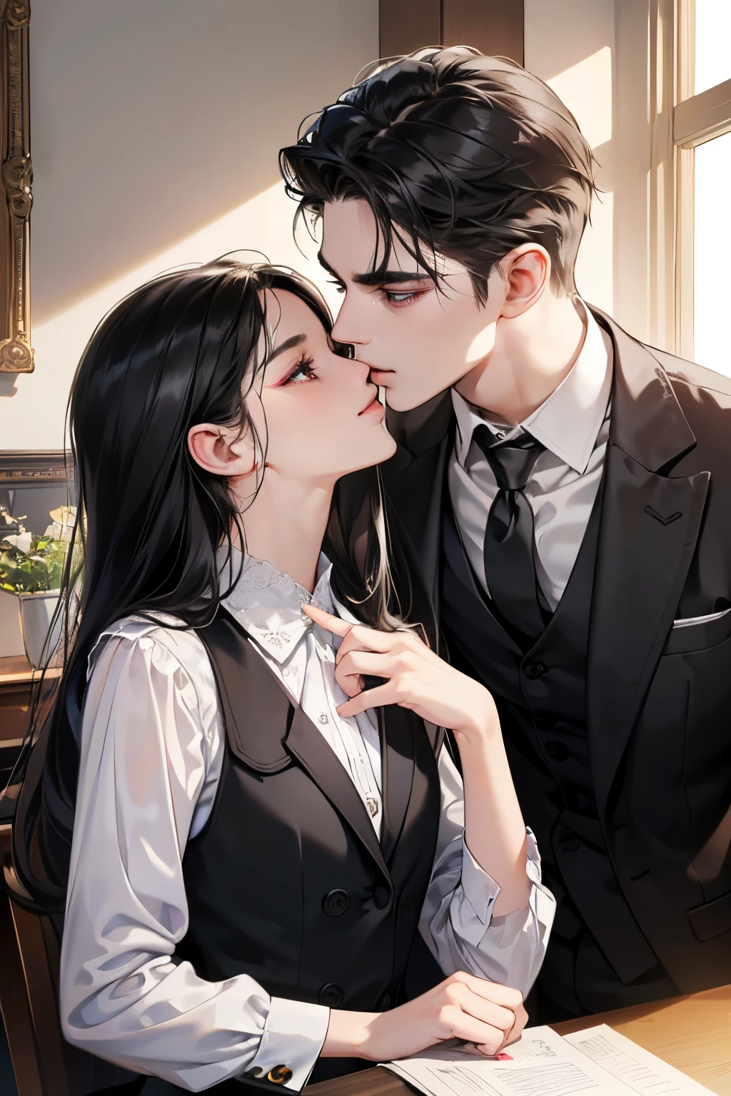 (masutepiece, Digital Art, Digital Illustration, 4K, 8K, Ultra-detailed, beautiful image, Sharp Image, Photorealistic, Raw photo, Perfect face, Perfect lines, Perfect eyes, Soft lighting) 1 woman, (Long Black Hair,straight haired,Bullish gaze,Beautie,Woman in suit,Solid makeup,23 y-o woman,small tits:1.3),Secretary, Two handsome men in suits, (ember,Men in suits,well-muscled,Firm shoulder width,Adult male,Boyish hairstyle,English gentlemanly style,Man in his 30s with a cool expression,28-year-old man with bright smile:1.2),Bedrooms、Antique Clamps,Antique chair,chandeliers,Parti、a couple、couple kissing、kiss、the kiss、Romance、Kissing