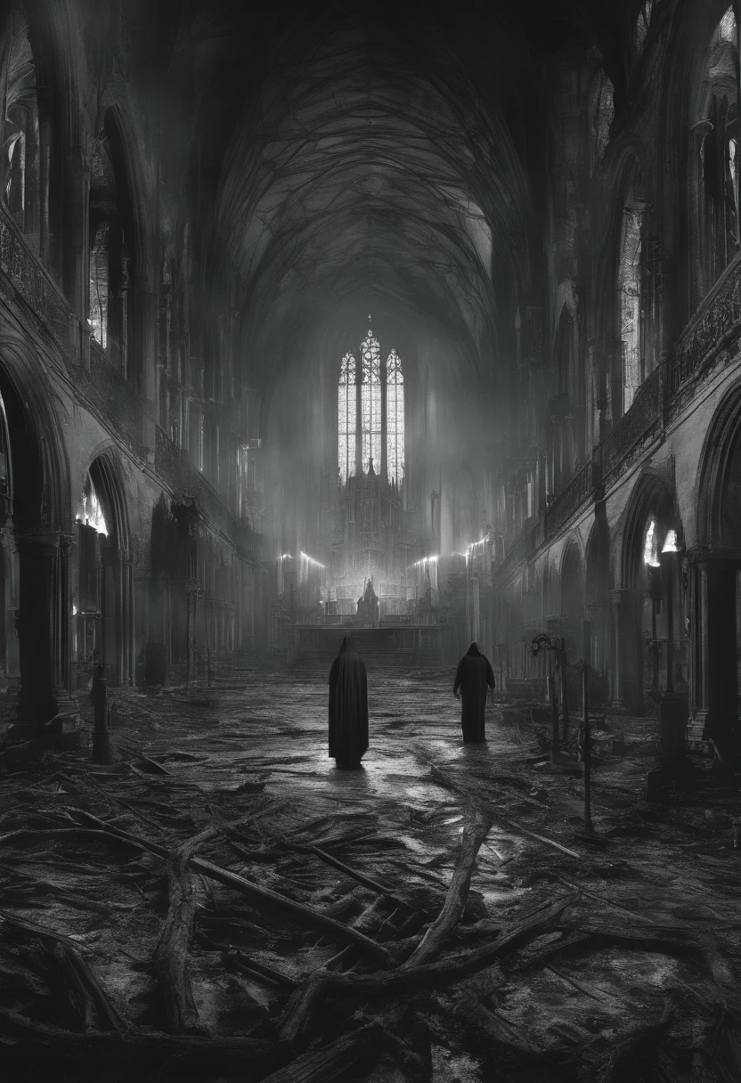 horror scene from a movie, giant tall scary ghost figures semi transparent apparitions floating and flying, smoke on the floor, in the giant church , busy crowd running away