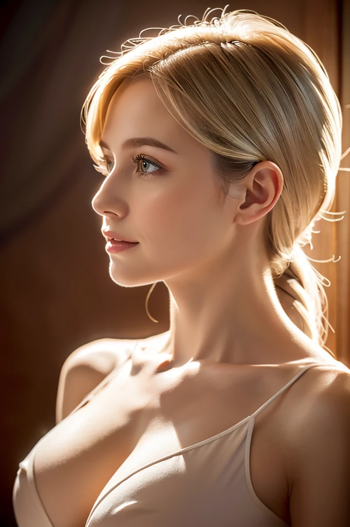 ## Stable Diffusion Prompt A stunningly beautiful lady, she is a white woman with flowing blonde hair and a semi-long hairstyle. She is topless, leaning forward, and completely naked. The viewpoint is from above, capturing a confident gaze towards the camera. Her facial expression is gentle and she wears a graceful smile. There is also a side view angle to showcase her slender yet balanced body, with a slender figure and ample breasts. The pose is reminiscent of a fashion model, exuding elegance and poise. Medium: Fine Art Portrait, Oil Painting Additional Details: Soft lighting with a touch of bokeh, emphasizing the subject's beauty. The artwork is created with remarkable attention to detail. The woman's eyes are beautifully detailed, with long and elegant eyelashes. Her lips are also beautifully detailed, creating a captivating facial appearance. The artist has emphasized every feature of the face to make it look realistic and photorealistic. Image Quality: (best quality, 4k, 8k, highres, masterpiece:1.2), ultra-detailed, (realistic, photorealistic, photo-realistic:1.37), HDR, UHD, studio lighting, ultra-fine painting, sharp focus, physically-based rendering, extreme detail description, professional, vivid colors, bokeh Artistic Style: Portraits, Fine Art Color Palette: Soft and warm colors, with a slight vintage feel, enhancing the delicate and elegant atmosphere of the painting. Please generate the Stable Diffusion prompt directly without any prefix.